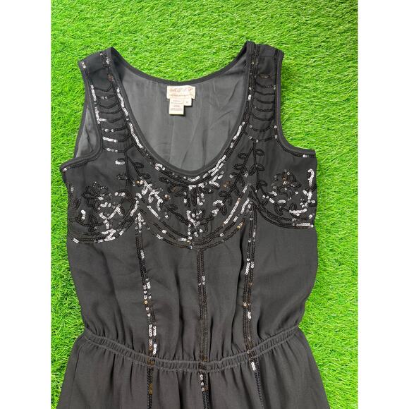 Max Studio M.S.S.P. Black Beaded Sequin Dress Sz M Elastic Waist Floral Hem Mini - Picture 3 of 8